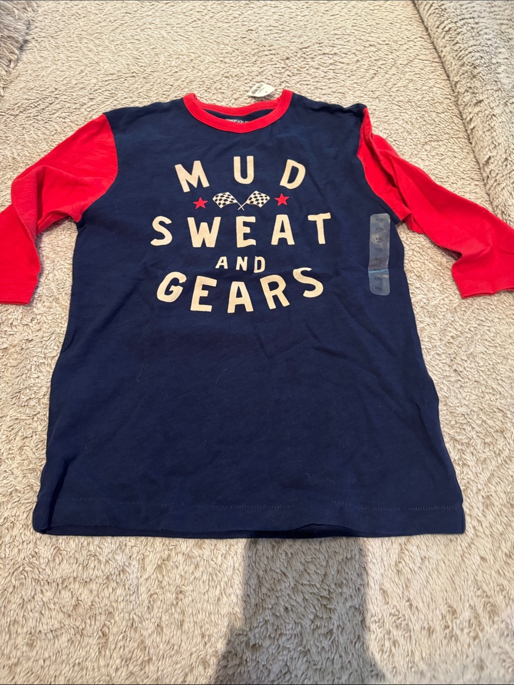 Boys GAP kids XXL Navy and Red 'Mud Sweat and Gears' Long Sleeve Tee